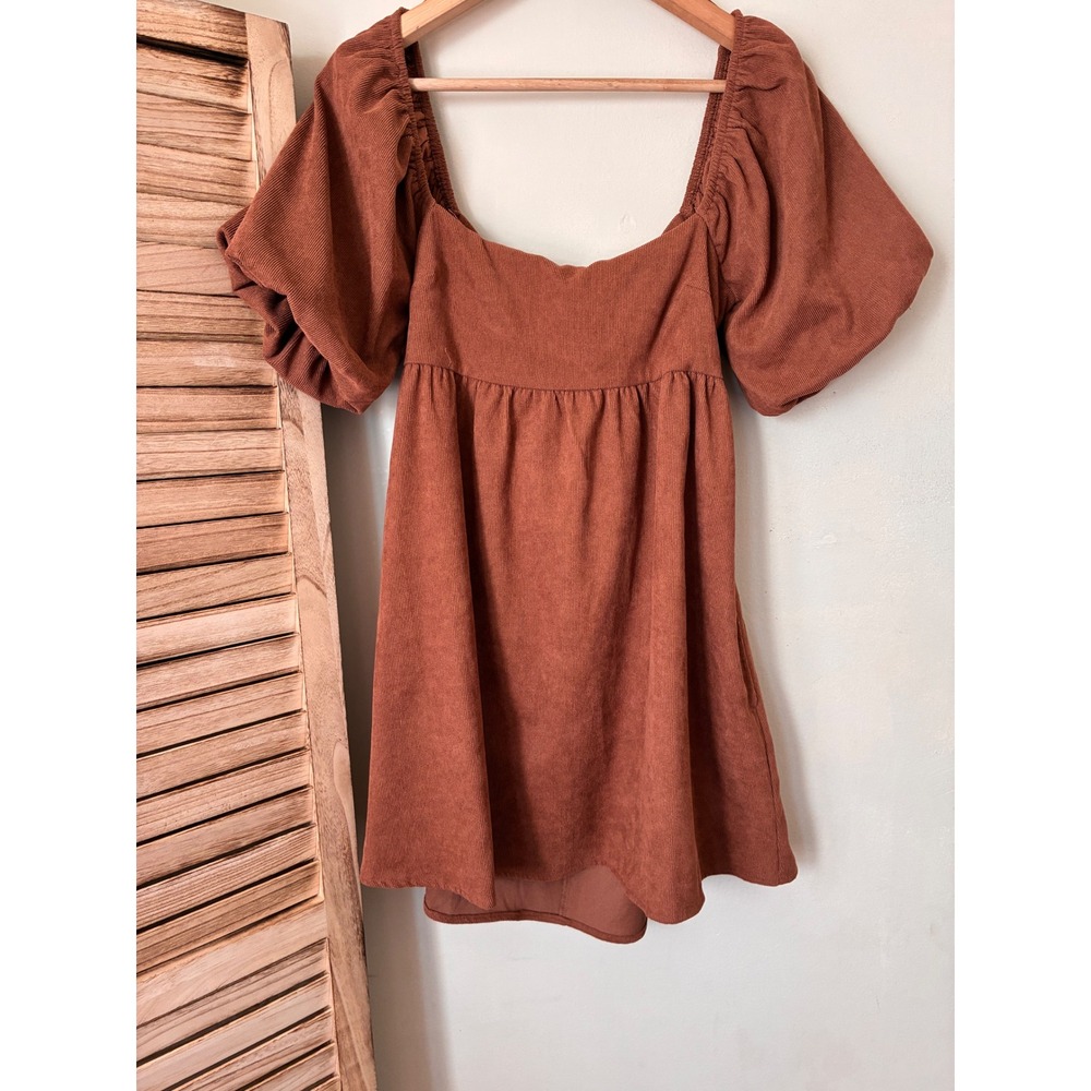 Blue Rain Boho Fall Rust Brown Corduroy Puff Sleeve Tie Back Mini Dress Small